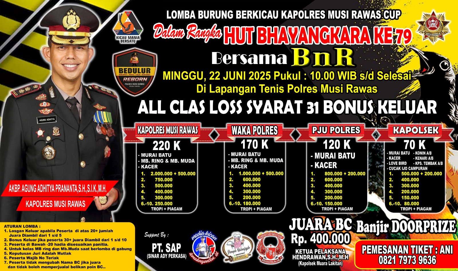 Ajang Silaturahmi dan Pelestarian Burung di Hari Bhayangkara ke-79, Kapolres Musi Rawas Gelar Lomba Burung Berkicau Kapolres Cup